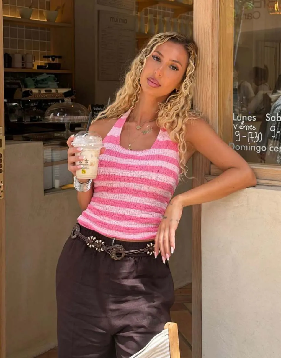 Kiwi & Co hand knitted halterneck scoop top in pink stripe