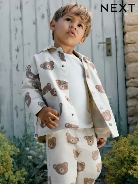 Ecru Bear Print Twill Printed Overshirt (3mths-7yrs)
