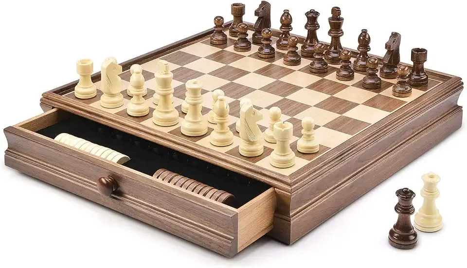 AMEROUS 15" x 15" Wooden Chess & Checkers Set with Built-in Storage Drawers/Weighted Chess Pieces / 2 Bonus Extra Queens / 24 Cherkers Pieces/Classic 2in1 Board Games for Kids, Adults