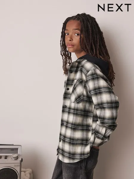 Teal Blue Check Long Sleeve Hooded Shirt (3-16yrs)