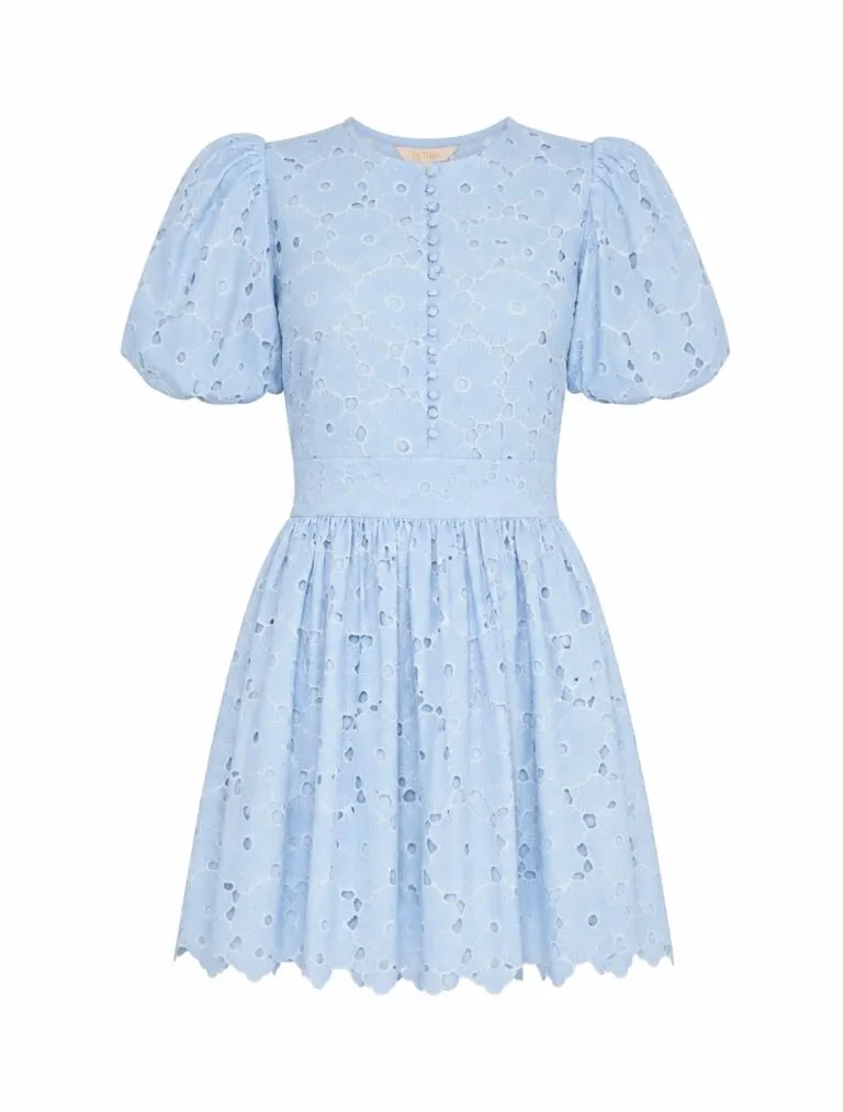 Broderie Anglaise Puffed Dress - Light Blue