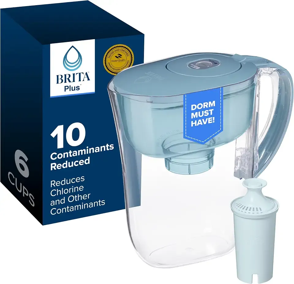 Brita Small 6 Cup Water Filter Pitcher, 1 BritaPlus Filter, Stone Blue | WQA and NSF/ANSI Certified, Reduces Chlorine, Copper, Mercury & Cadmium, Lasts 2 Months, Dorm Room Essential
