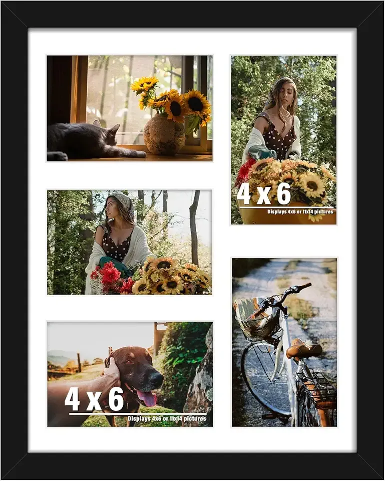 11x14 Collage Picture Frame, 4x6 Collage Picture Frame, Displays Five 4x6 inch Photos, or 11x14 (Without Mat) Wall Decor Wall Hanging or Tabletop, Black.