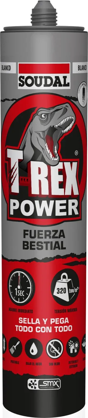 Adhesivo de montaje SOUDAL T-REX POWER 290 ml blanco para madera, hormigón, resiste a las torsiones, aplicación con pistola. Para fijar un material a una superficie.