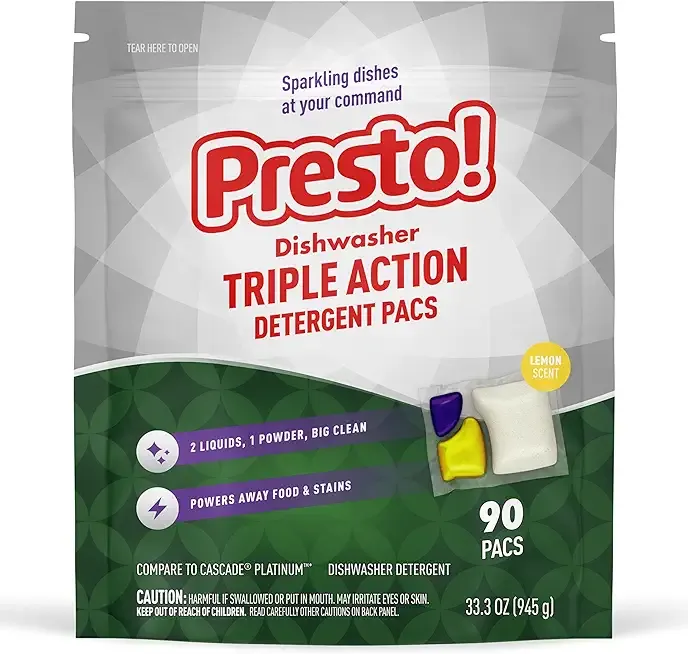 Amazon Brand - Presto! Triple Action Dishwasher Pacs, Lemon Scent, 90 Count