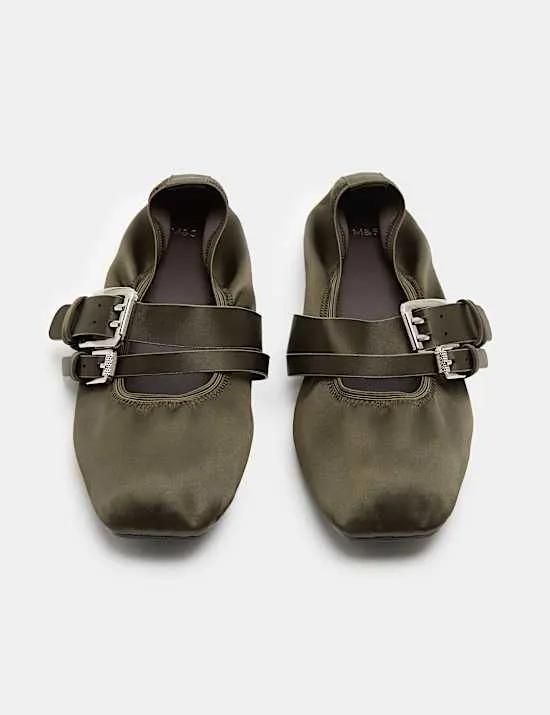 Satin Double Buckle Flat Mary Jane Ballet Pumps