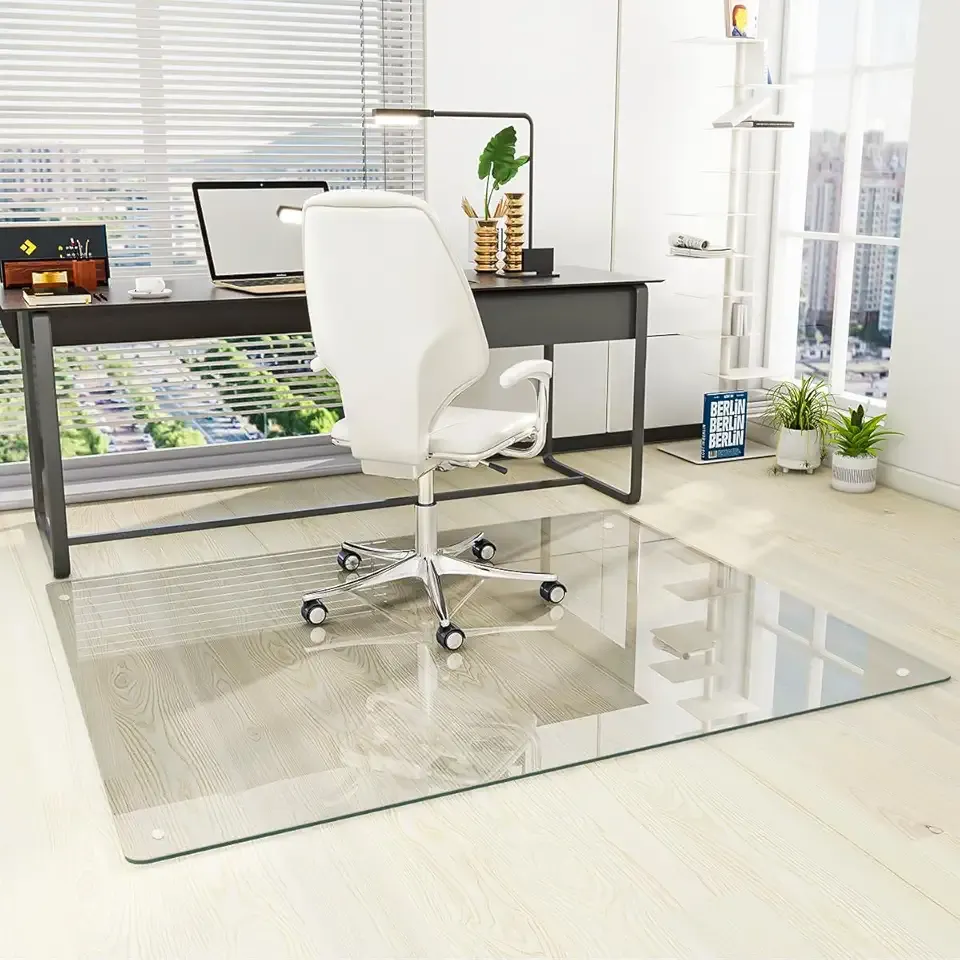[Tempered Glass] 46" x 55" Glass Chair Mat, Heavy Duty Hard Floor Mat with Round Corner and Polished Edge, Office Chair Mat for Carpet Office Home Hardwood Floor Desk