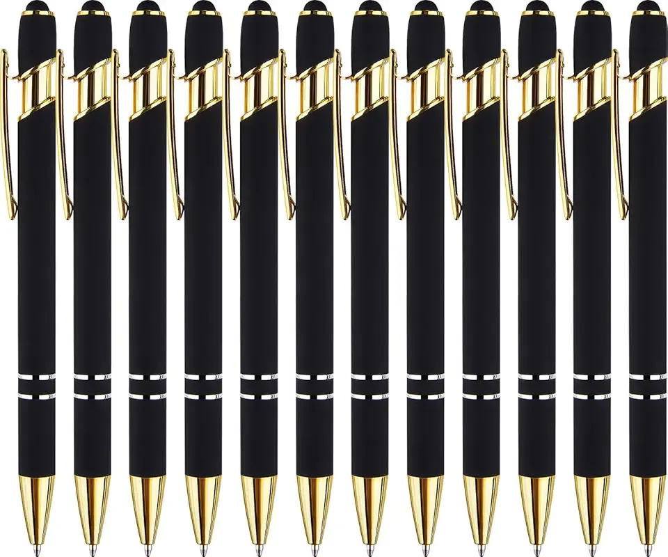 LINFANC 12 Pack Black Gold Ballpoint Pen with Stylus Tip, 1.0 mm Black Ink Smooth Writing Pens, Metal Stylus Pens for Touch Screens