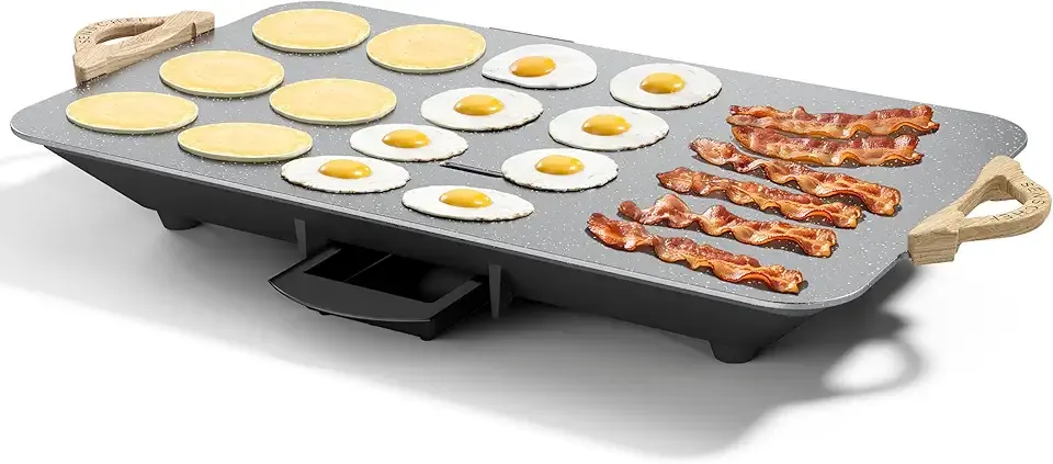 12x20inch Electric Griddle by BBQ Masters, 1700W Fast Even Heating, ILAG Granite Nonstick, Sloped Cooking Surface, Frameless Design for Easy Cleaning, Great for Family Gatherings, Grey