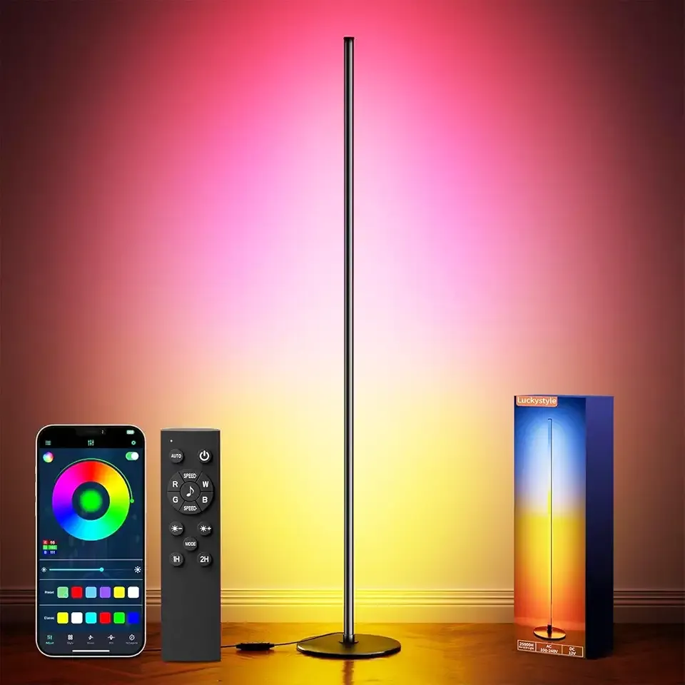 luckystyle Smart RGB+IC Corner Floor Lamp,Bright LED Tall Modern Floor Lamp with APP and Remote,Ambient Lighting Color Changing Standing Lamps with Music Mode and Timing for Living Room,Bedroom,Party