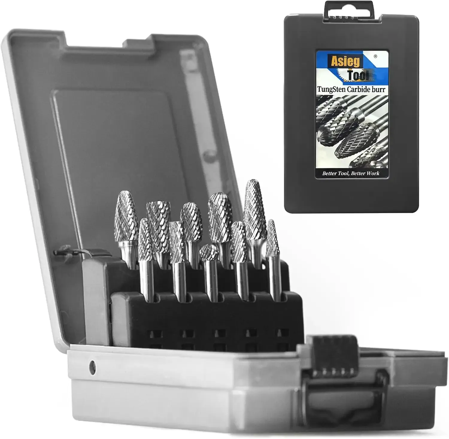 Carbide Burrs Set with 1/4''Shank Double Cut Solid Power Tools Tungsten Carbide Rotary Files Bits for Die Grinder Metal Wood Carving Engraving Polishing Drilling Grinding Milling Cutting 10pcs