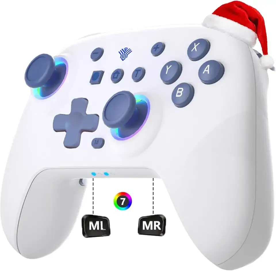 SZYUYU Switch Controller for Switch 2,Switch Pro Controller for Switch/OLED/Lite/PC with 7 Colors LED Light/3-level TURBO Adjustable,4-Speed Dual Vibration/Hall Effect Sticks/Wake Up/Gyro Axis Motion (White)