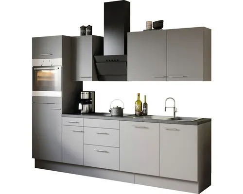 Kuchyňský blok Optifit Mats825 270 cm barva čela čedičová šedá matná barva korpusu šedá v nesmontovaném stavu