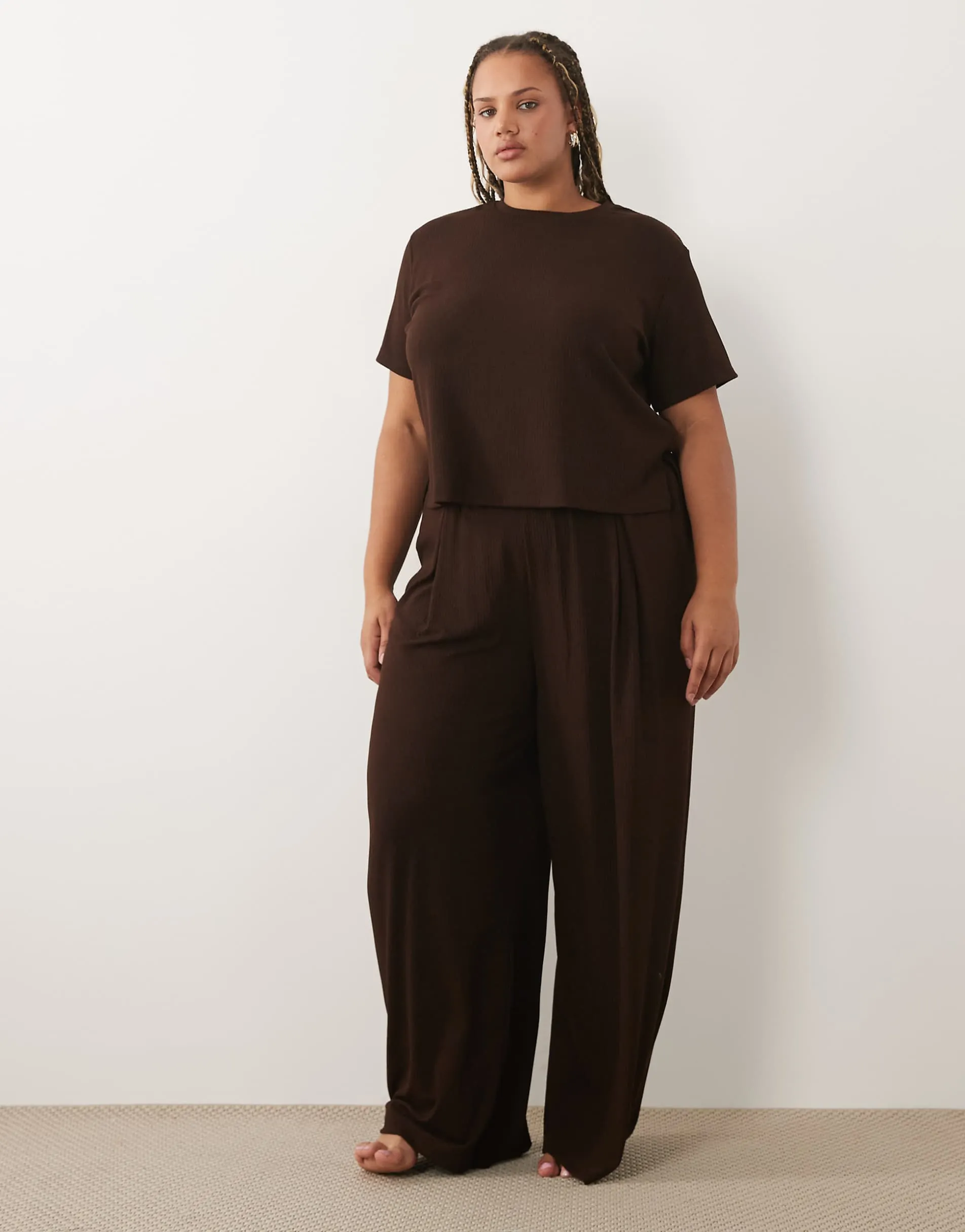 ASOS DESIGN Curve lounge mix & match rib wide leg pyjama bottom in chocolate