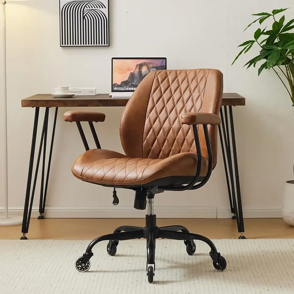 Home Office Desk Chair Office Rubber Casters Ergonomic Computer Chair with Lumbar Support Adjustable Height Rolling Swivel Executive Task Armrests Chair, Brown Leather
