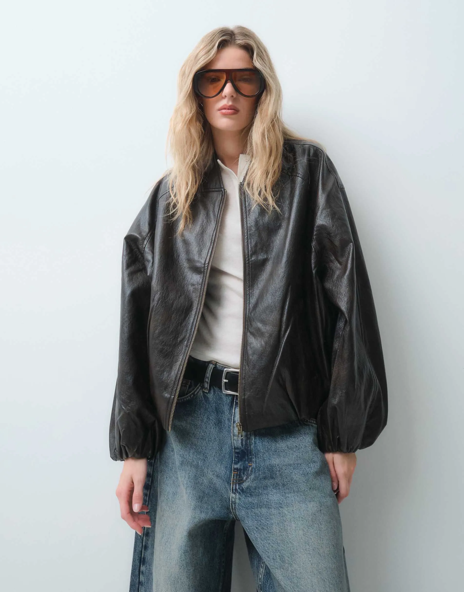 ASOS DESIGN washed leather look oversized bomber jacket in brown