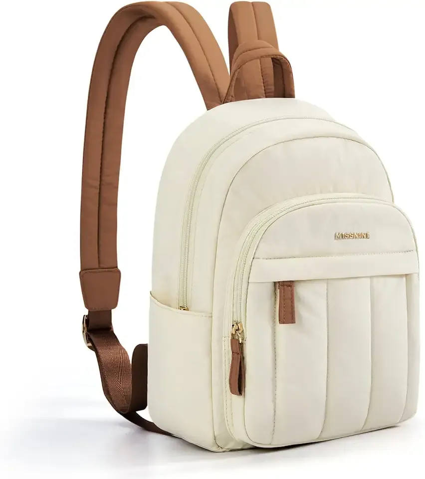Mini Small Backpack for Women, 8.6" L×4.3" W×14.4" H, Lightweight Quilted Small Backpack Purses, Puffer Daily Purse Water-resistant Brown+Beige