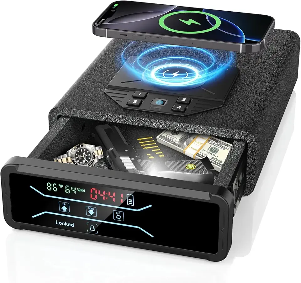 Gun Safe for Handgun Pistol Case - Biometric Quick Access Pistol Safe with Wireless Charging for Watch & Phone, 3-in-1 Fingerprint Keypad Key Lock Gun Box for Home Nightstand Bedside