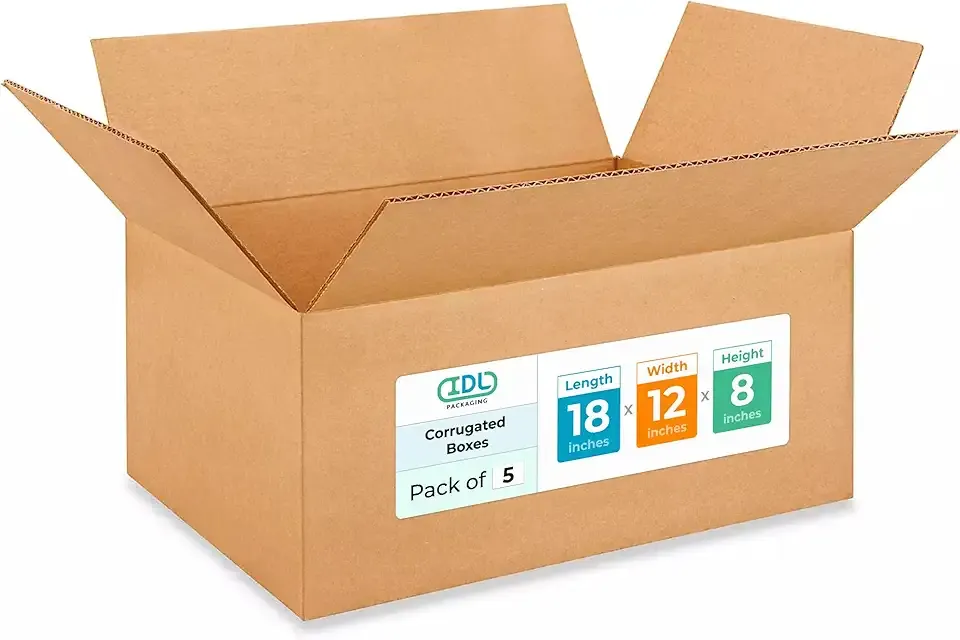 IDL Packaging Medium Moving & Shipping Boxes 18 x 12 x 8 inches (5-Pack) - Extra Strength 200 lb - Kraft Corrugated Cardboard