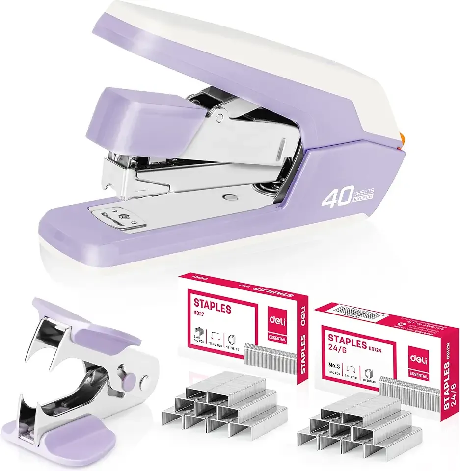 Deli Effortless Desktop Stapler, Heavy Duty Stapler, 40-50 Sheet Capacity, One Finger, No Effort, Includes 1500 Staples & Staple Remover, Violet
