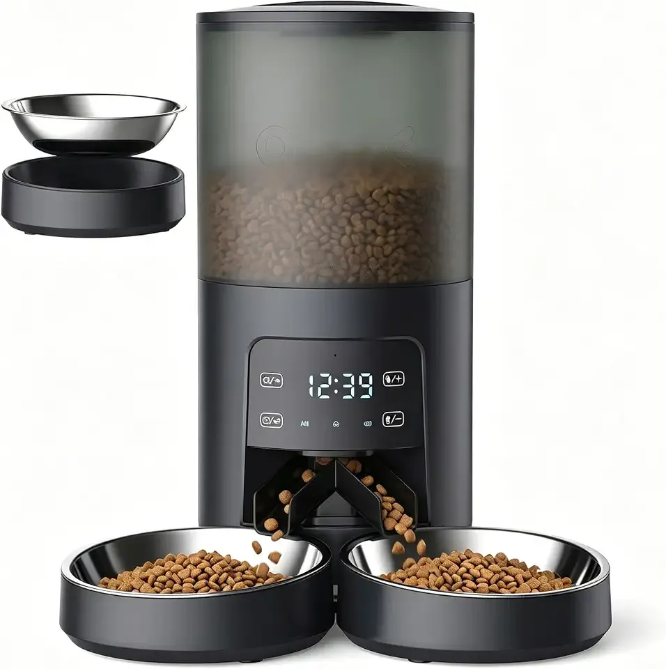 Sweetcrispy Automatic Cat Feeder for 2 Cats, 6L/25.3 Cups Automatic Pet Feeder with 2 Stainless Bowls, 6 Meals/Day, 50 Portions/Meal, Cat Food Dispenser with Dual Power Supply, 10s Meal Call, Black