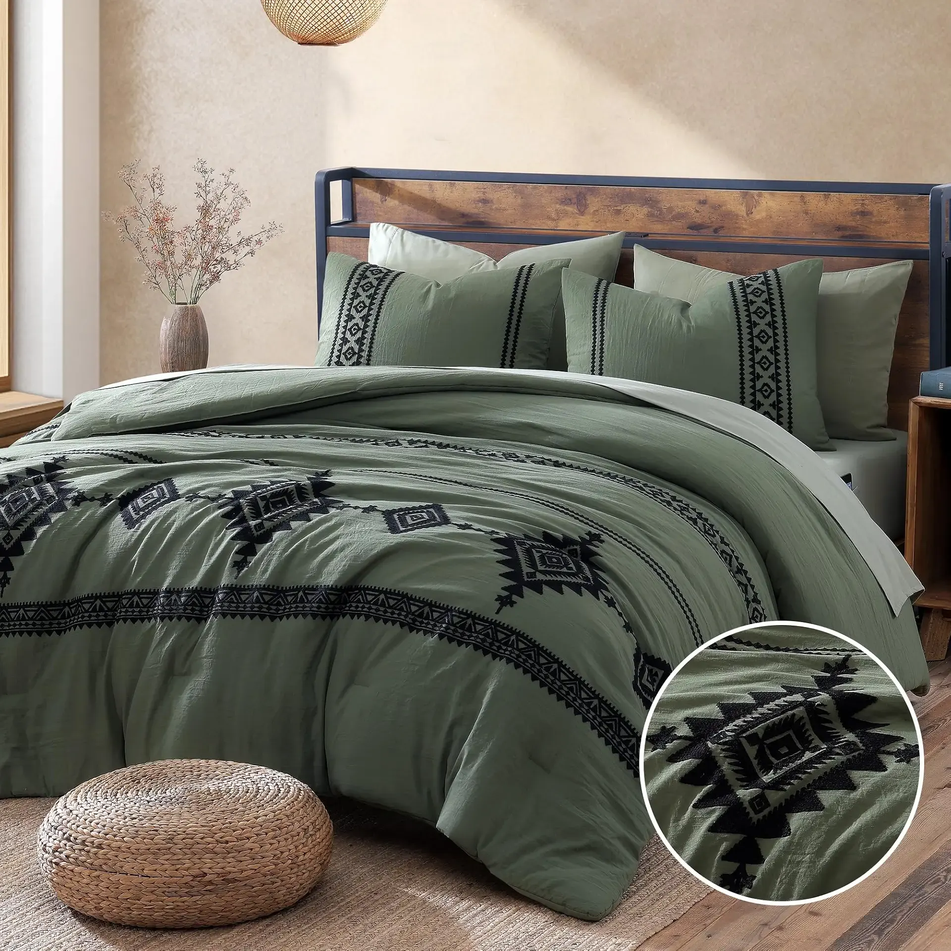 MaiRêve Embroidery Comforter Set, Boho Farmhouse Western Bedding Set, All Season Bed in A Bag Comforter Set with Sheets, Pillowcases & Shams, Olive Green Queen 7 Pieces