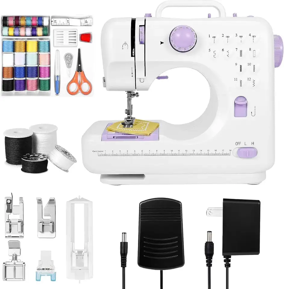 Portable sewing machine for beginners with 12 stitch options, 2-speed foot pedal, LED light, and 32-color thread kit, Great for kids and adults, perfect for mending and creative projects at home