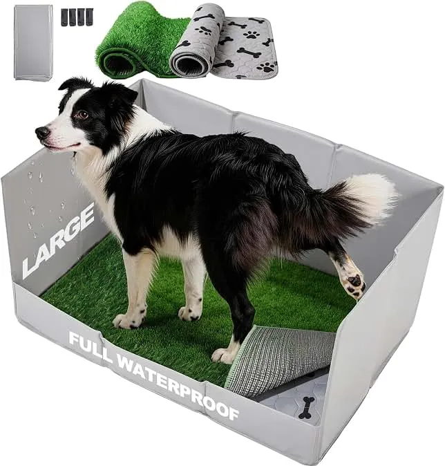 HQ4US 4LEGS Dog Litter Box High Walls Foldable with Grass Pad & Washable Pee Pad, Odor Free Artificial Grass for Dogs Potty Pad…