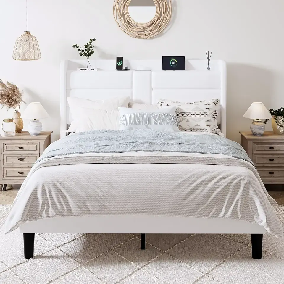 HOOMIC Queen Size Upholstered Platform Bed Frame,Velvet Wingback Headboard with USB Charging Station and Storage Shelf, Noise Free, Easy Assembly, No Box Spring Required, White