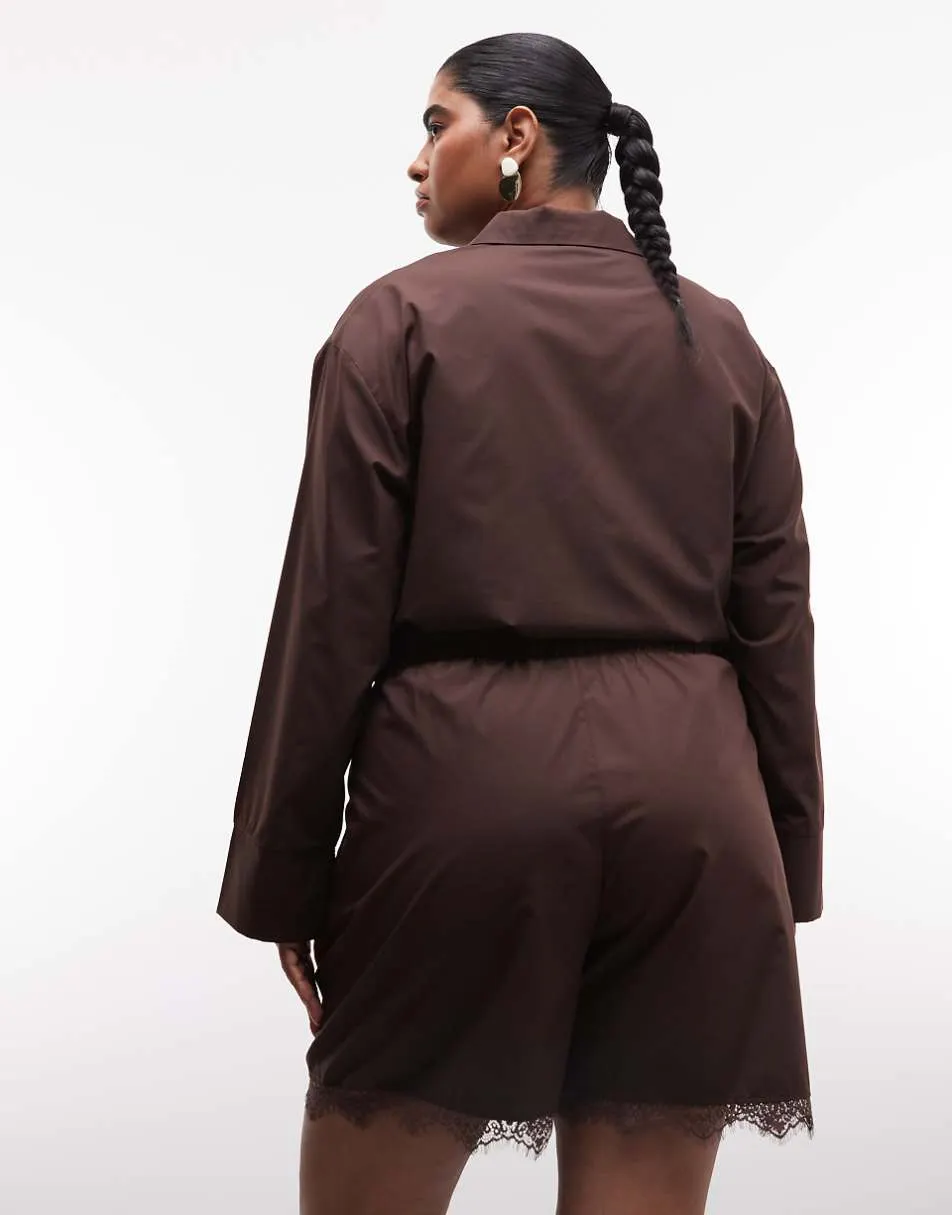 Noisy May Curve shorts co-ord with lace hem in chocolate