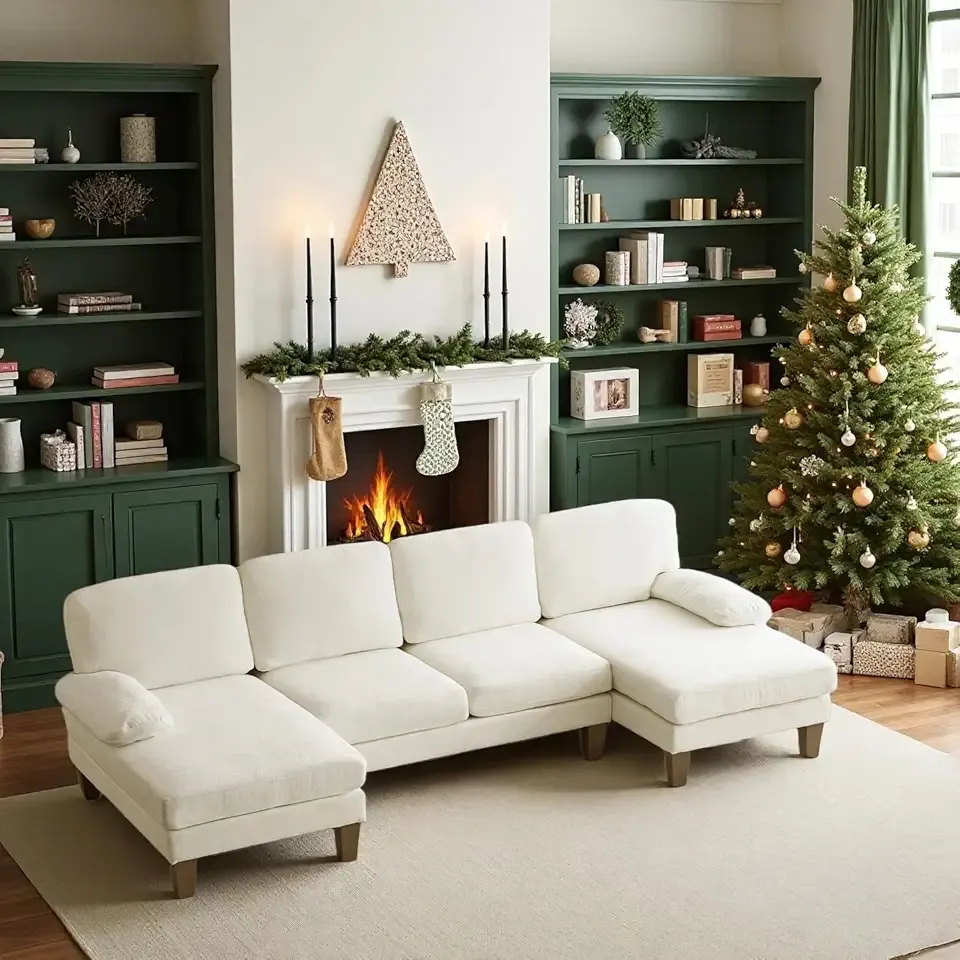 110" Sectional Couches for Living Room,U Shaped Couch with Double Chaise, 4-Seat Sofa Set with Chenille Fabric for Home Furniture,Beige