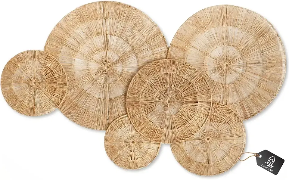 CHI AN HOME Wicker 23 Inch Jute Wall Decor Baskets, Set of 6 Extra Large Woven Jute Wall Plates, 23",21",15",13",12,10", Decorative Baskets for Wall Arts, Wall Hanging for Bedroom, Living Room, Office