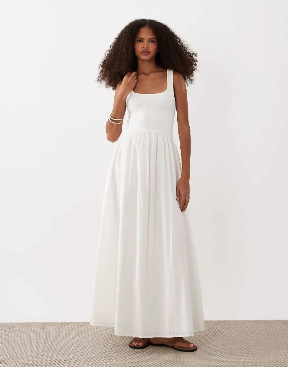 ASOS DESIGN scoop ribbed bodice with poplin skirt midi dress in white