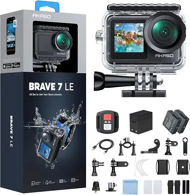 AKASO Brave 7 LE 4K30FPS 20MP WiFi Action Camera with Touch Screen EIS 2.0 Zoom Remote Control 131 Feet Underwater Camera with 2X 1350mAh Batteries Support External Microphone Vlog Camera