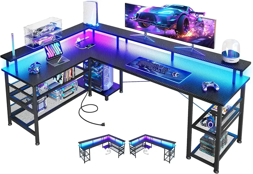 ODK 66" L Shaped Gaming Desk with Power Outlet and LED Lights, PC Gaming Table with Carbon Fiber Texture, Reversible L Shape Desk with Storage Shelves & Monitor Stand, Home Office Desk, Black