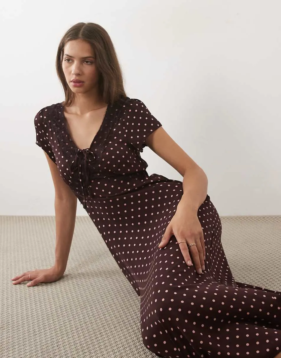 Brave Soul tie front midi dress with lace detail in burgundy polka dot print