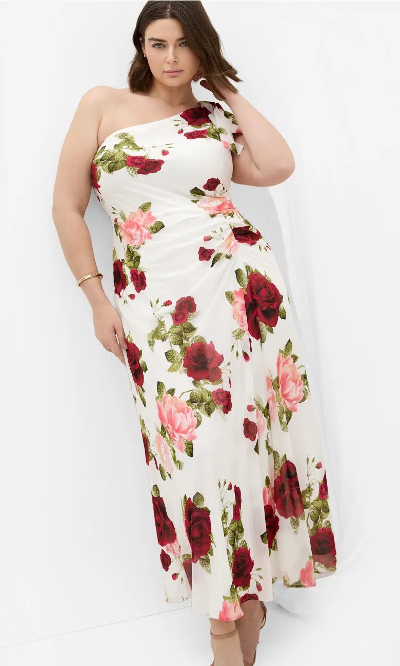 Soiree Print One Shoulder Maxi Dress - ivory