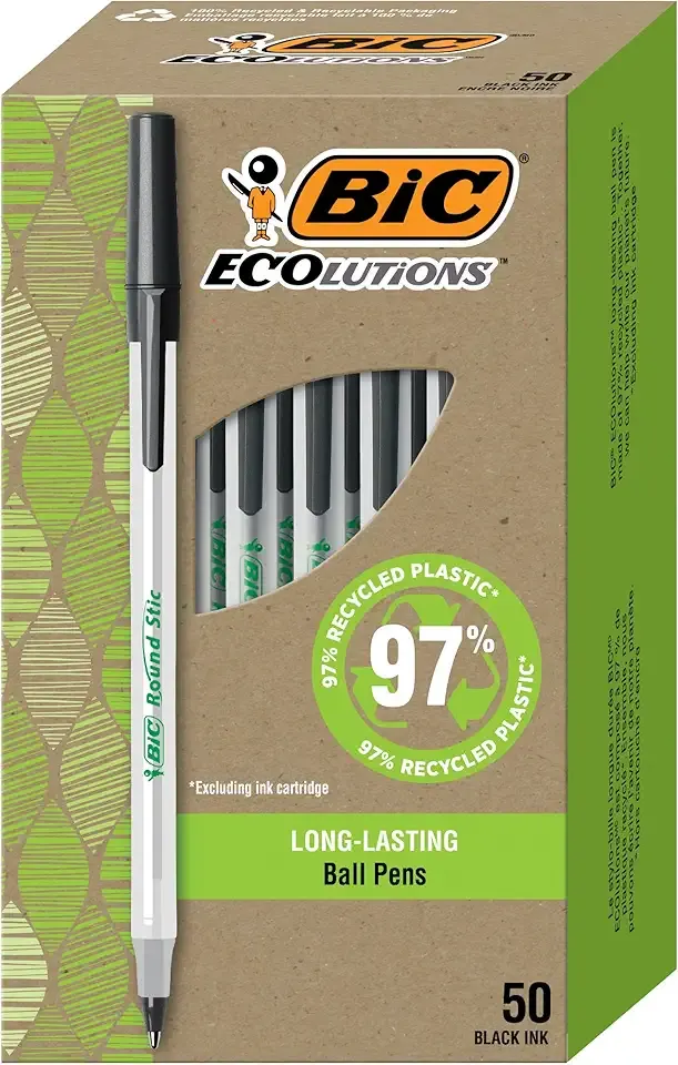 BIC Ecolutions Round Stic Ballpoint Pens, Medium Point (1.0mm), 50-Count Pack, Black Ink Pens Made from 97% Recycled Plastic