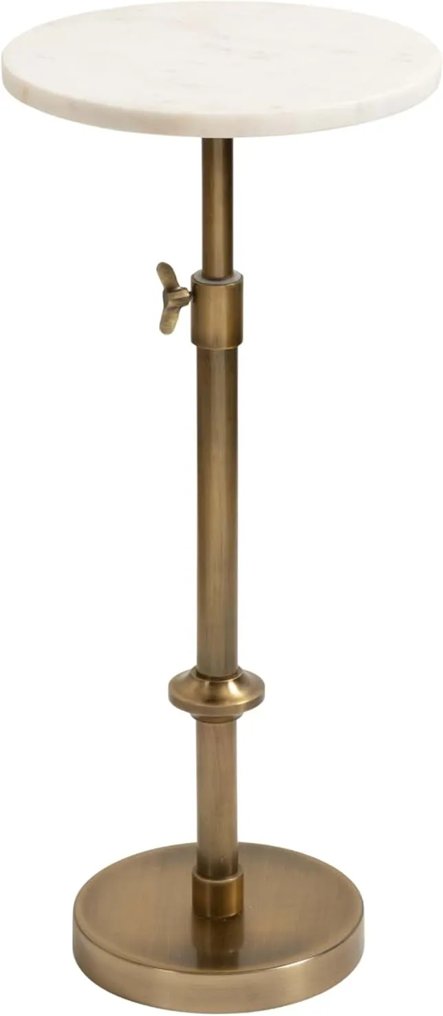 Kate and Laurel Engles Traditional Adjustable-Height Pedestal Drink Table, 10 x 10 x 30, White Marble and Antique Brass, Vintage Round Indoor Metal Plant Stand with Authentic Marble Tabletop