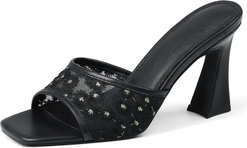 Kitten Heels for Women Square Open Toe Floral Mesh Mules Heeled Sandals