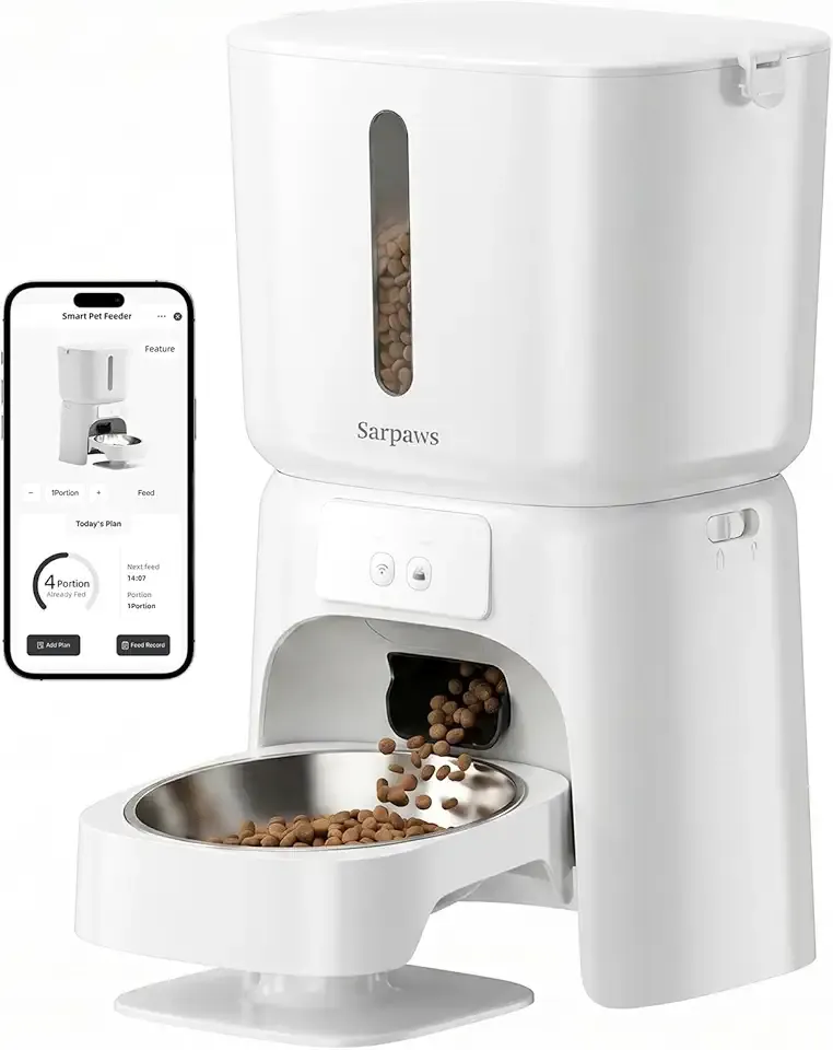 SARPAWS Automatic Cat Feeder, 6L WiFi Smart Pet Food Dispenser with App Control, Elevated 5° Slanted Stainless Steel Bowl, Timed Feeding for Cats and Dogs, Voice Recorder, Dual Power Supply