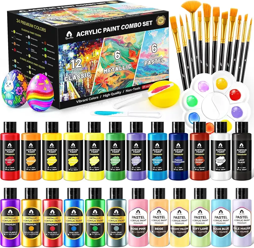 40 Pcs Classic & Metallic & Pastel Acrylic Paint Set with 12 Brushes, 2 Knives & Palette, 24 Colors (2oz/60ml) - for Adults, Kids, Artists & Beginners - Arts and Crafts Painting Kit