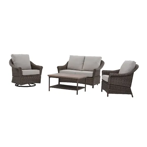 Hampton Bay Chasewood 4-piece Steel Woven Conversation Set with Biscuit Tan Cushions, in Brown