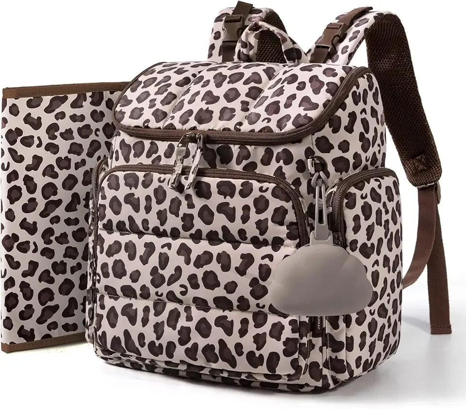 mommore Diaper Bag Backpack, Baby Bag with Waterproof Changing Pad and Stroller Straps for Toddler, Diaper Backpack for Mom Dads with Insulated Pockets & Pacifier Case, Travel Essential, Leopard
