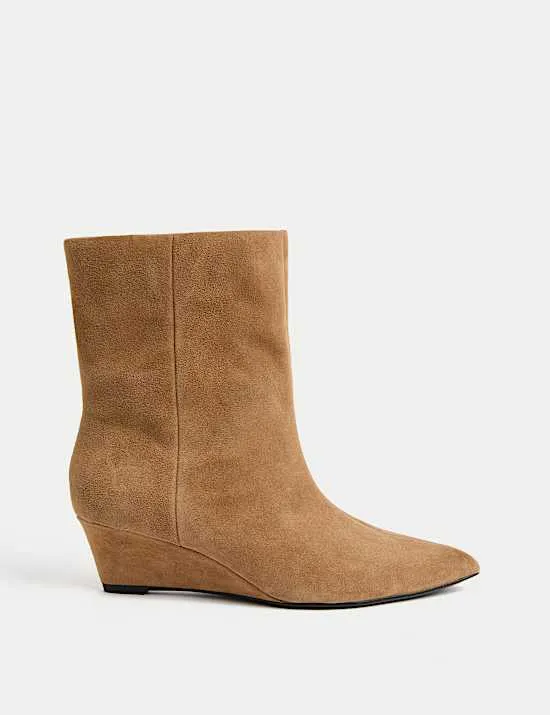 Suede Wedge Pointed Ankle Boots