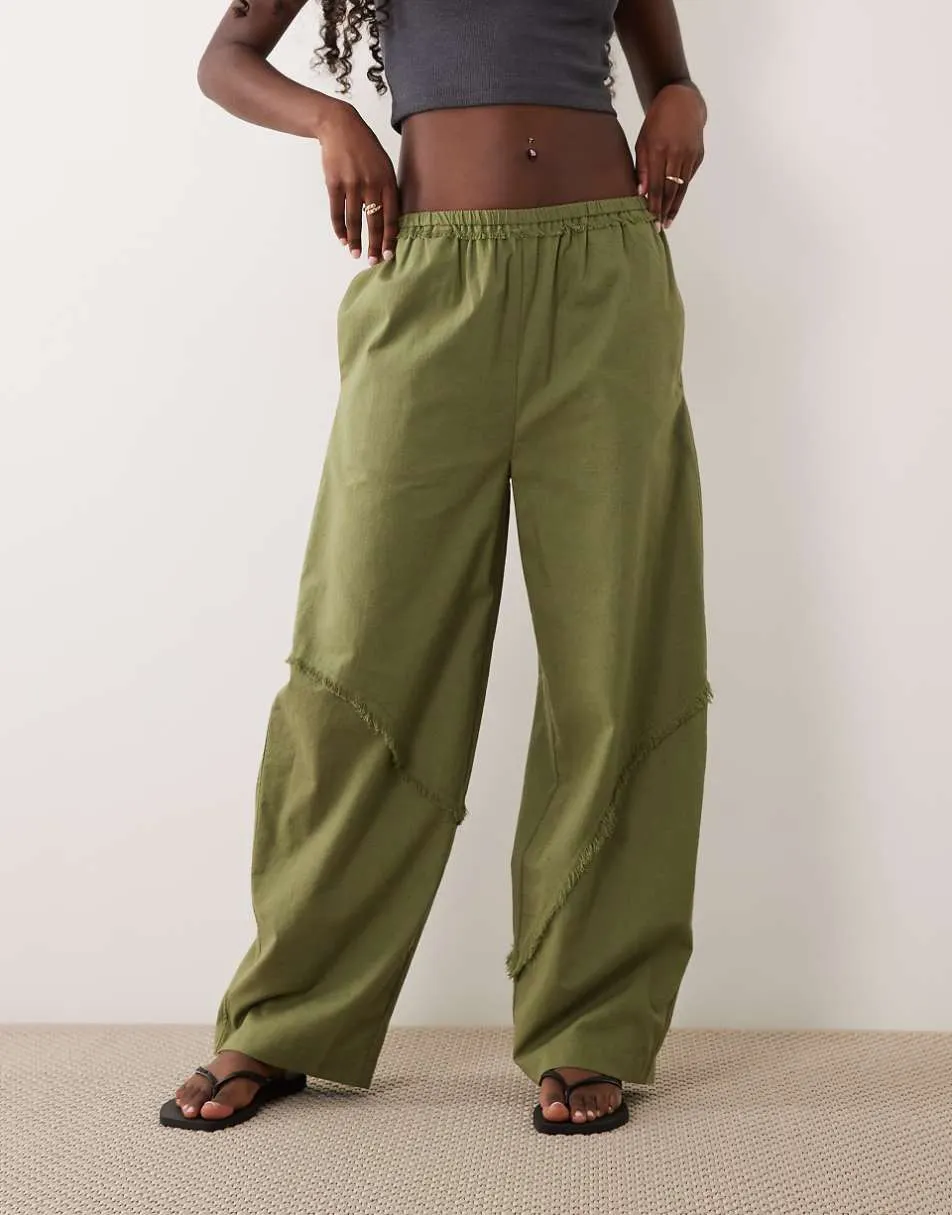 ASOS DESIGN linen blend pull on barrel leg trousers with raw seam detail in khaki