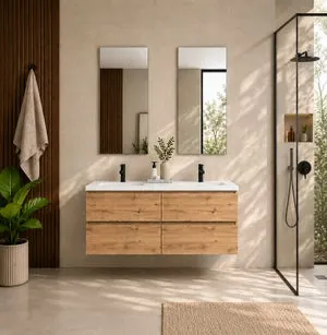 MUEBLE DE BAÑO MODELO ICA 120 CM SUSPENDIDO 4 CAJONES COLOR ROBLE CON LAVABO CERAMICO BLANCO 2 SENOS Y ESPEJOS