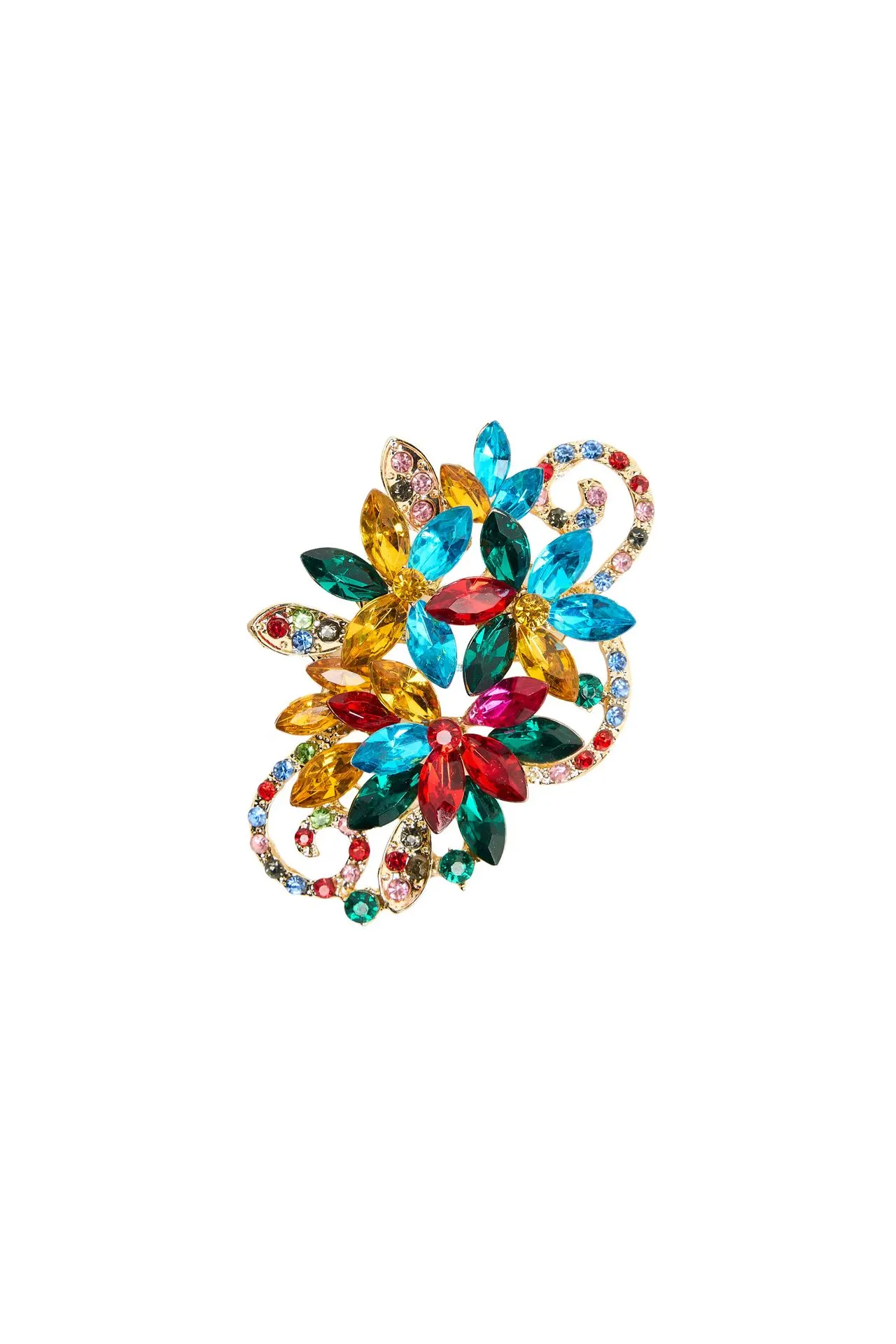 Goudkleurige broche met gekleurde bloemen