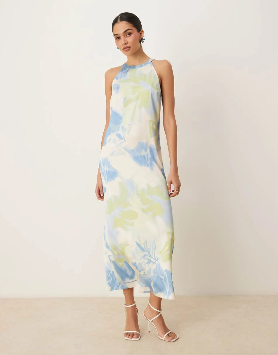 Vila satin high neck maxi dress in marble print