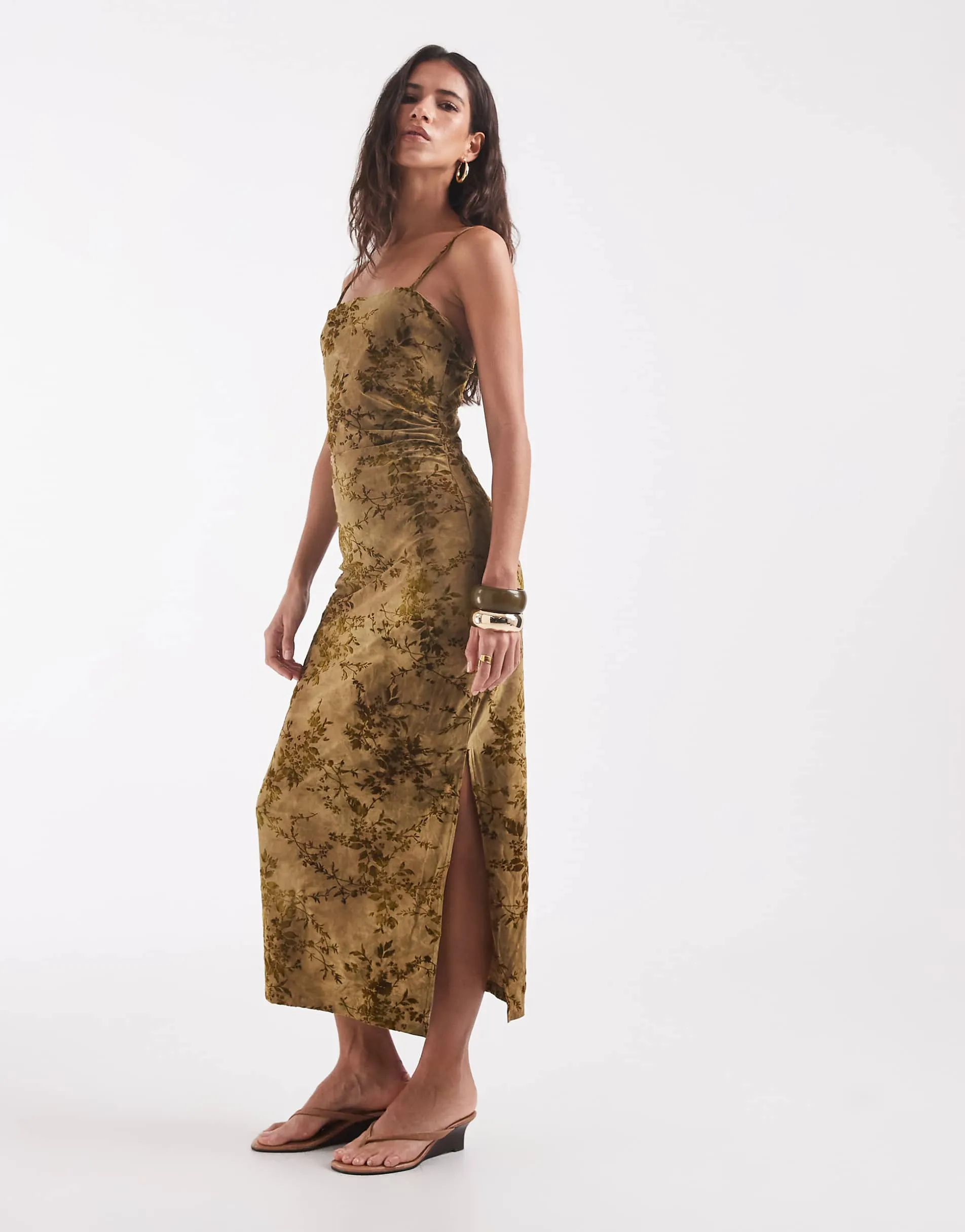 ONLY cami midaxi dress in dark green florals